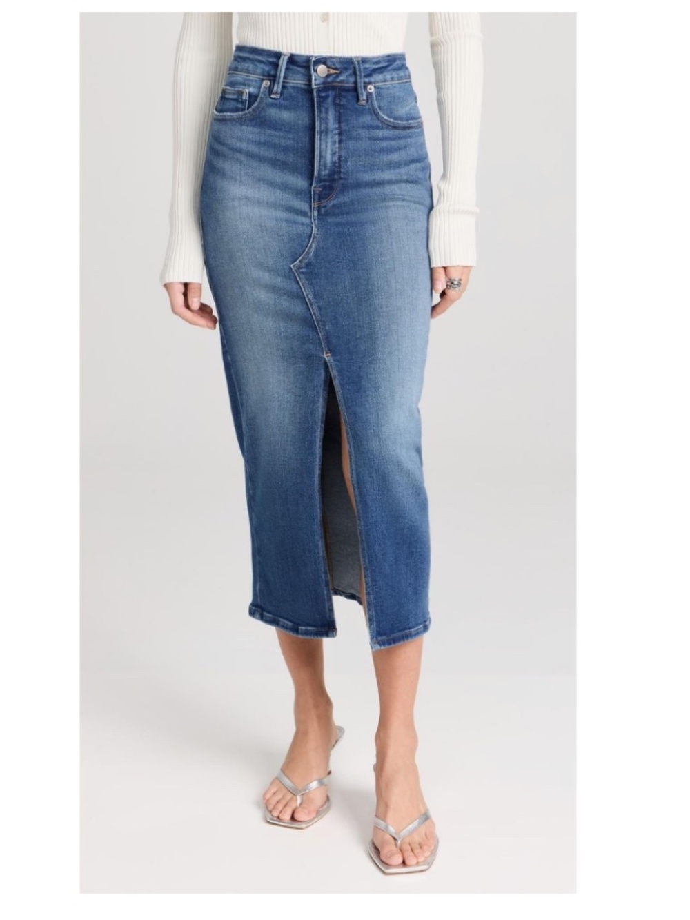 Good American High-Waist Light Blue Denim Midi Skirt with Front Slit - Size 27/4